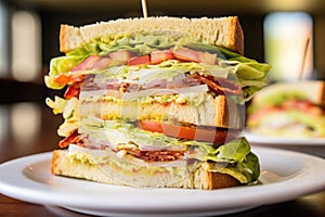 a bite-taken clubhouse sandwich showing different layers