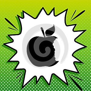 Bited apple sign. Black Icon on white popart Splash at green background with white spots. Illustration