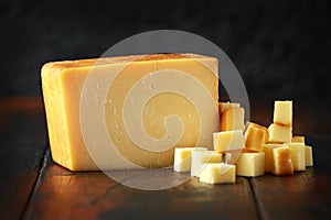 Bitesize Sliced smoked cheddar cheese on rustic wooden background