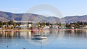 Bitez, Bodrum, Turkey - October 7, 2021. A beautiful seaside with a sandy beach on the Aegean Sea