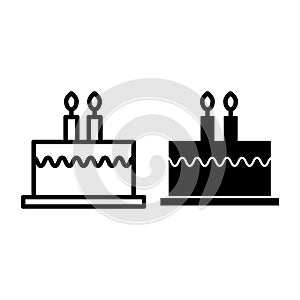 Bithday cake with candles line and glyph icon. Delicious cake vector illustration isolated on white. Sweets outline