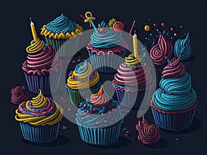 Bithday cupcake colorful bakery dessert on black background. ai generative