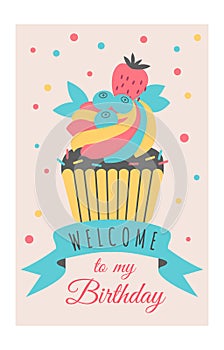 Bithday party invitation. Sweet cupcake cute print
