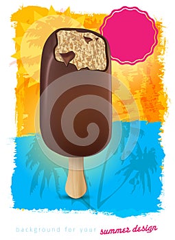 Biting chocolate ice lolly on abstract summer background