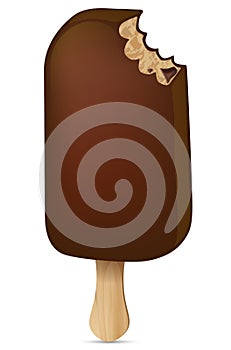 Biting chocolate ice lolly with shadow on white background