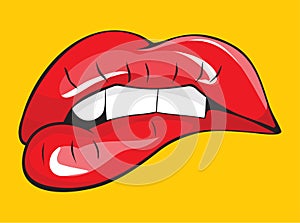 Biting her red lips teeth