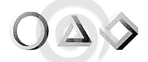 Bitmap impossible shapes set. Dither halftone geometric objects collection. Black textured triangle, circle, square