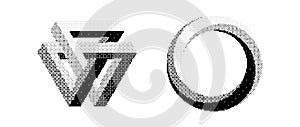 Bitmap impossible shapes set. Dither halftone geometric objects collection. Black textured triangle, circle, square