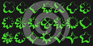Bitmap pattern star shapes. Flowers halftone gradient elements on dark background. Y2k graphic abstract icons. Dither photo