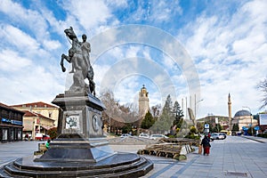 Bitola, Macedonia - May 2023: Magnolia Square with the equesterian Statue of Phillip II