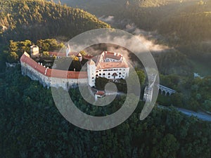 Bitov Medieval castle in South Moravia region during amazing sunrise, Czech republic, Europe. Aerial drone view. Summer or autumn