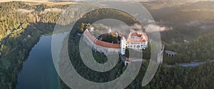 Bitov Medieval castle in South Moravia region during amazing sunrise, Czech republic, Europe. Aerial drone view. Summer or autumn