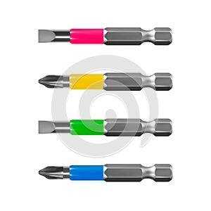 Bits for electric drill or cordless screwdriver in on white background.