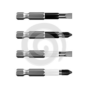 Bits for electric drill or cordless screwdriver in on white background.