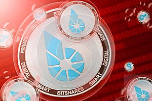 BitShares crash, bubble. BitShares BTS cryptocurrency coins in a bubbles on the binary code background