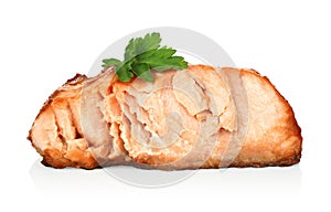 Bitted fry Salmon fish steak whith green scum, on white background photo