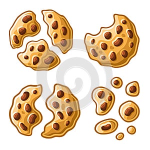 Bitten, Broken, Cookie Crumbs Set. Homemade Chocolate Chip Icons. Vector