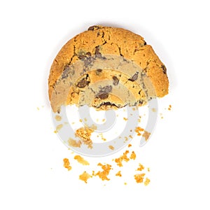 Bitten chocolate chips cookie on white background