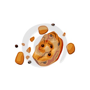 Bitten cookies with chocolate chips on a white isolated background. Icon. Crumbled dessert. Vector cartoon illustration.