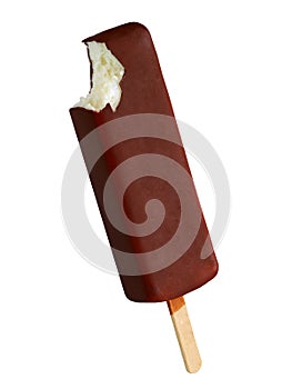 Bitten dark chocolate ice cream bar on a stick; isolated on white