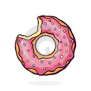 Bitten Donut with Pink Glaze and Colored Powder. Dessert Street Food. Vector Illustration. Hand Drawn Cartoon Clip Art