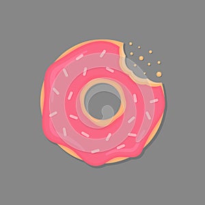 Bitten donut with pink icing and sprinkles. Cartoon doughnut. Vector donut icon.
