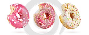 Bitten donuts set isolated on white background with clipping path