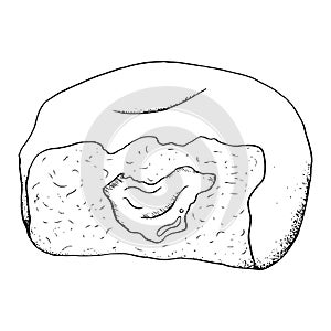 Bitten Hanukkah donut with jam black white vector graphic illustration, side view. Hand drawn Jewish holiday sufganiyah