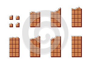 Bitten milk chocolate bar, color icons set. Thin linear with brown fill moved beyond outline. Flat simple illustration of