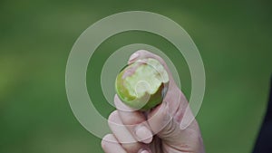 a bitten off apple in the hand of a young caucasian girl