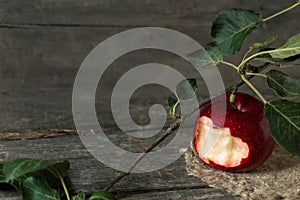 Bitten red apple with a branch with leaves on burlap on wooden planks
