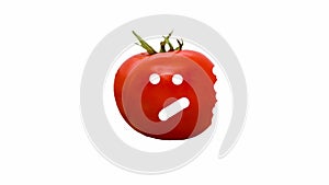 Bitten tomato with eyes, tomato is isolated on a white background, vegetable with emotions.