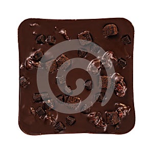 Bitter chocolate bar  with biscuit crumb topping isolated on white background. Luxury handmade chocolate
