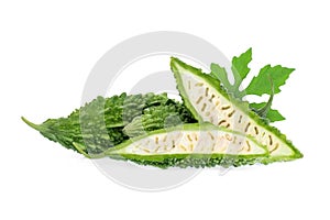 Bitter melon with half slice isolated on white