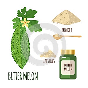 Bitter melon set with powder and roots in flat style isolated on white.