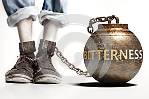 Bitterness can be a big weight and a burden with negative influence - Bitterness role and impact symbolized by a heavy prisoner`s