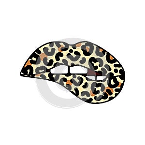 Bitting lips with leopard print. Cheetah design. Isolated vector illustration. Trendy sticker