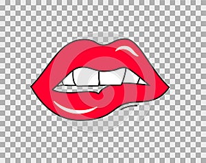 Bitting red lips with dripping paint. Vector illustration on transparent background