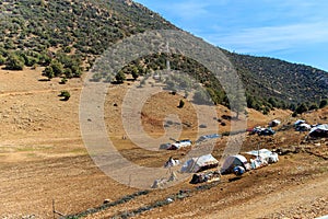 A bivouac in the Atlas mountains with a berber tent, Morocco.