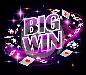 Biw win Casino Gambling Poker design. Poker banner with chips and playing cards. Online Casino Banner dark background