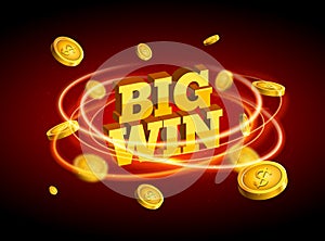 Biw win gold design prize for casino jackpot. Luck game banner for poker or roulette. Winner prize sign coins