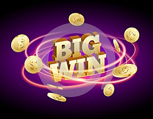 Biw win gold design prize for casino jackpot. Luck game banner for poker or roulette. Winner prize sign coins