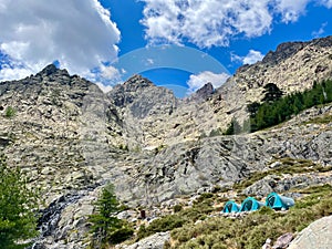 Biwak tents at Bergeri de Ballone, along the Gr20 hiking trail, Corsica, France.