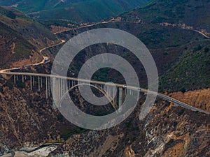 Bixby bridge aerial view in California, USA. Beautiful bridge