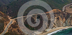 Bixby bridge aerial view in California, USA. Beautiful bridge