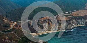 Bixby bridge aerial view in California, USA. Beautiful bridge