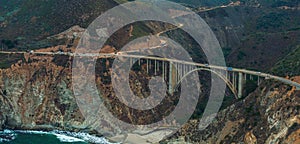 Bixby bridge aerial view in California, USA. Beautiful bridge