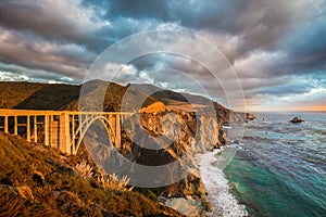 Bixby Bridge along Highway 1 at sunset, Big Sur, California, USA