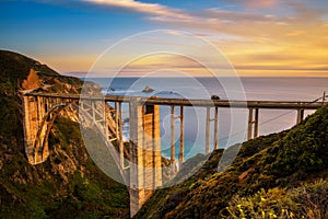 Bixby Bridge and Pacific Coast Highway at sunset