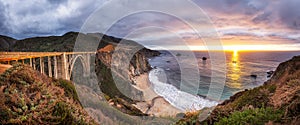 Bixby Creek Bridge on Highway 1 at sunset